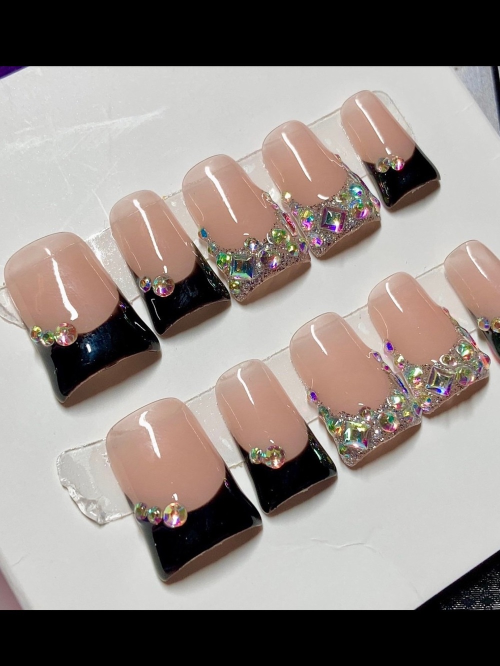 Trendy Y2K Handmade Gem Bling Black French Tip Duck Shaped Press-On Nails M L